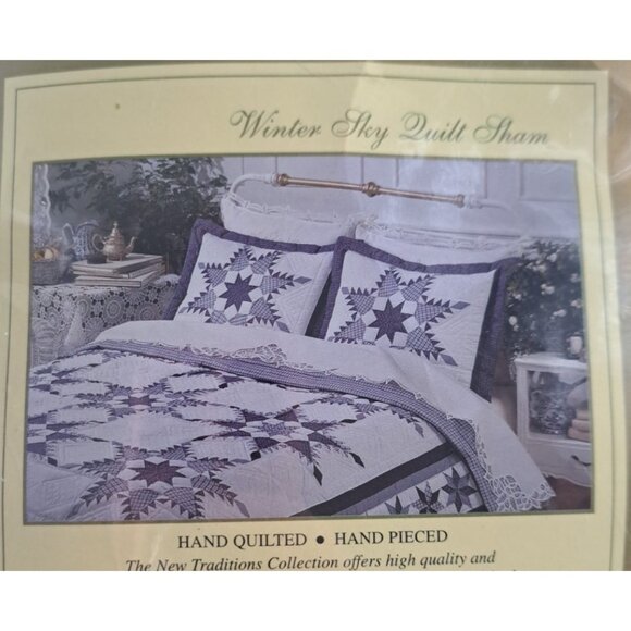 NEW Quilted Pillow Sham Winter Sky Blue White Hand Pieced Star Standard Sears - Picture 4 of 5